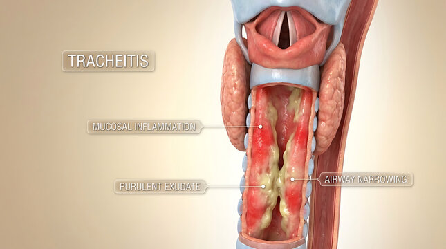 Tracheitis with Acute Inflammation of Trachea Causing Cough of Human Tracheal Anatomy Purulent Exudate Mucosal Edema Airway Narrowing