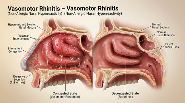Vasomotor Rhinitis with Non-Allergic Nasal Hyperreactivity Causing Intermittent Congestion of Human Nasal Anatomy Turbinate Vascular Engorgement Edema