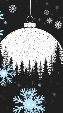 Animation of snowflakes falling over hanging bauble decoration with winter landscape print
