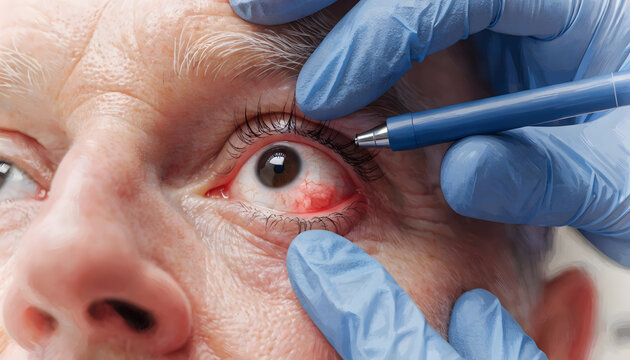 Ophthalmic examination and conjunctivitis diagnosis. Eye infection treatment and optometry consultation. Optometrist inspecting irritated red sclera of patient using pen tool