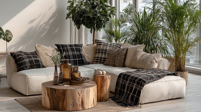 modern living room interior with white sofa wooden stump tables and green indoor plants in natural light