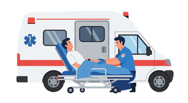 Paramedic Assists Patient on Stretcher Beside Ambulance