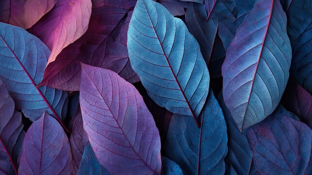 abstract background of vibrant purple and blue leaves with detailed veins in a dense pile