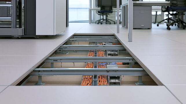 Raised access floor system in modern office interior showing organized network cable management and structured metal framework beneath panels