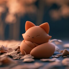 Fototapeta premium A small orange fox made of clay is curled up on a bed of leaves in a forest setting during autumn.