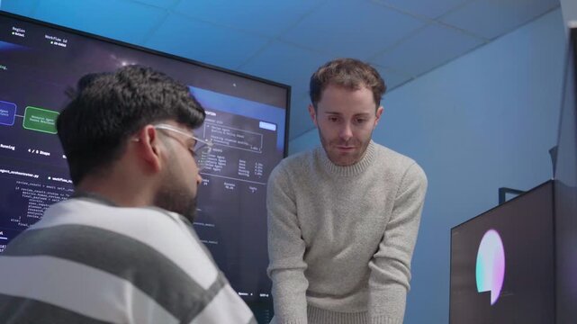 Software engineering use computer working development office are assisting algorithm systems or verifying code. Programmer teamwork using artificial intelligence on laptop analysis or writing coding