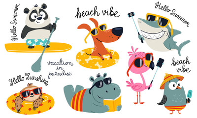 Fototapeta premium Cute flat vector collection of summer animals enjoying beach vacations, wearing sunglasses and having fun. Colorful cartoon illustrations for stickers, childrens products, travel and summer designs