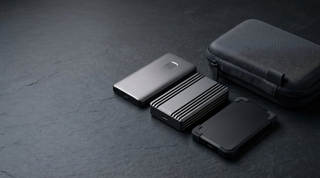 Portable external hard drives and secure storage case on a dark textured background