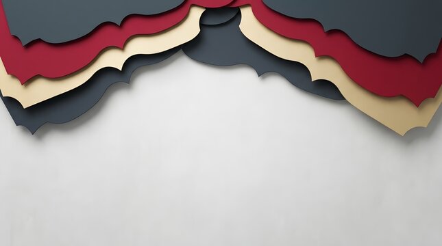 Abstract paper cut background with layered wavy shapes in dark blue red and beige.