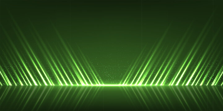 Award background. Green stage with angled light beams rising from glowing horizon with sparkling particles. Elegant luxury vector backdrop for presentation, winner ceremony