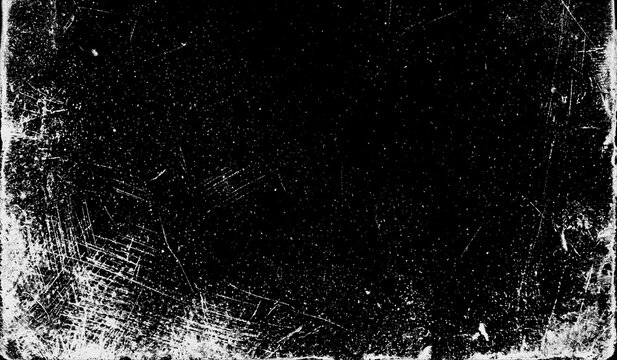 Distressed black background with white scratches and grunge texture overlay for vintage film effects