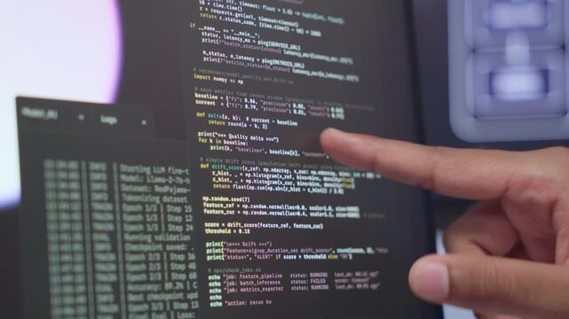 Software engineer check the dashboard information of coding systems and cyber security. Professional development verifying code writing with artificial intelligence. Data center programmer performance