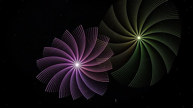 Abstract floral firework patterns pulsing with vibrant neon lights against a dark night sky background motion clip.