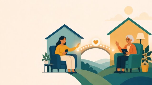People communicating online, staying connected at long distance, bridging families and care through technology
