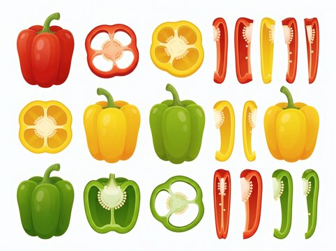 Bell pepper set including whole halves and sliced pieces in red yellow and green with vegetables ingredients colorful nutrition vegetarian culinary appetizing