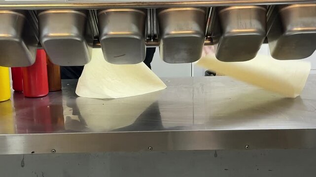 Complete shawarma preparation shows seasoned meat roasting on a vertical rotisserie, flatbread filled and wrapped, then unwrapped and bitten to reveal the juicy filling inside. Close up.