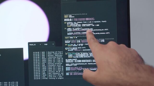Software engineer check the dashboard information of coding systems and cyber security. Professional development verifying code writing with artificial intelligence. Data center programmer performance