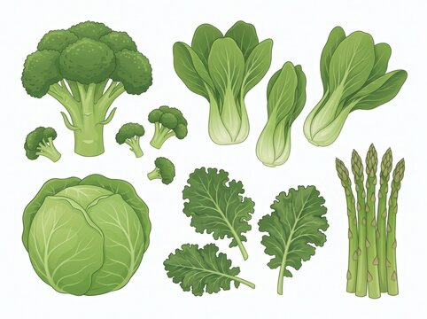 Collection of fresh green vegetables including broccoli bok choy cabbage kale and asparagus with broccoli asparagus vegetable nutrition vegetarian ingredient isolated background illustrated