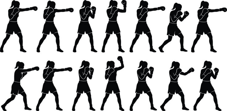 Set of black silhouettes showing a female boxer in various fighting stances and punching poses