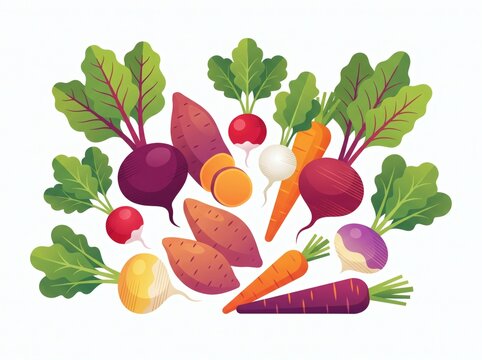 Variety of fresh root vegetables and tubers on white background with sweet potatoes vegetables radishes ingredients vegetarian nutrition agriculture colorful wholesome