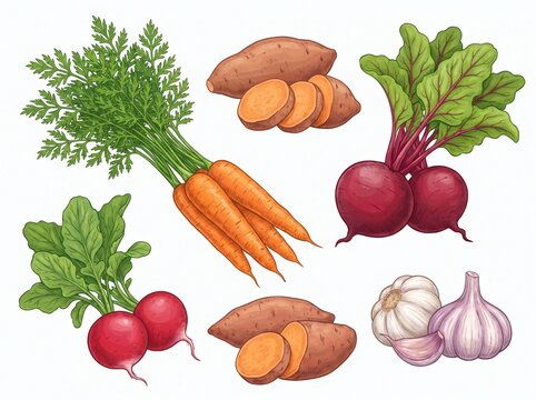 Assorted fresh harvested vegetables and root crops with sweet potatoes vegetables radishes ingredients vegetarian nutrition agriculture wholesome culinary