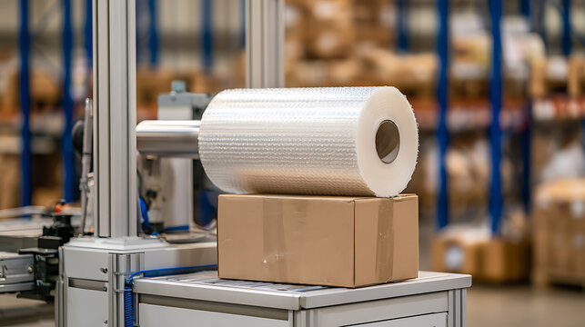 Industrial warehouse machine wrap roll bubble plastic packaging box cardboard carton product secure transport logistics supply chain storage