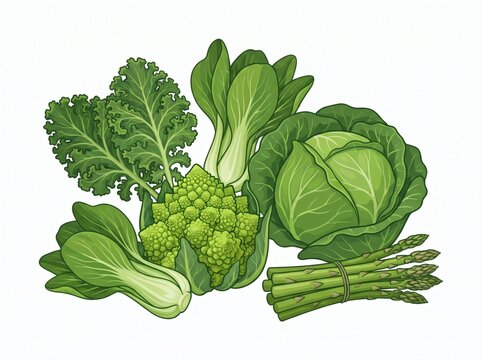 Arrangement of fresh healthy green vegetables on white background with bok choy vegetables romanesco asparagus ingredients vegetarian nutrition agriculture cruciferous wholesome botanical