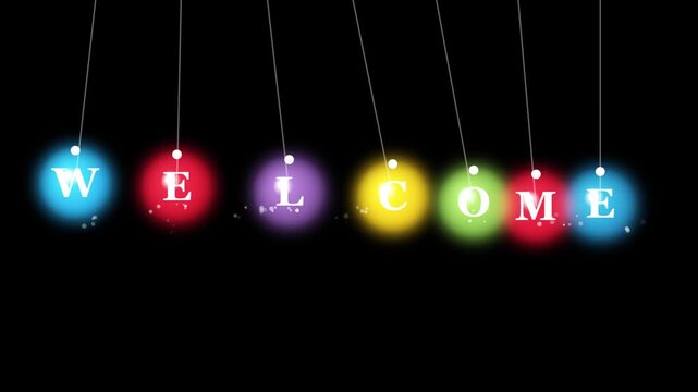 Welcome neon text on swinging colored pendulum balls animation for corporate presentation or event intro.