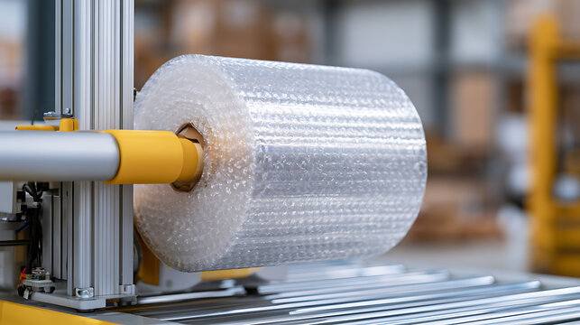 Industrial roll of clear plastic bubble wrap mounted on a metal dispenser machine inside a modern warehouse facility for packaging work