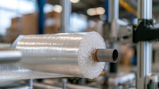Industrial manufacturing facility interior featuring a large roll of transparent bubble wrap plastic packaging material on automated machinery