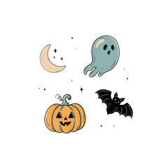 Fototapeta premium A cute halloween set featuring a ghost, pumpkin, bat, and moon isolated on a transparent background