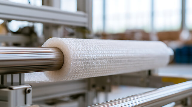 Industrial roll of plastic bubble wrap on production machine in manufacturing plant warehouse for packaging product protection commerce logistics