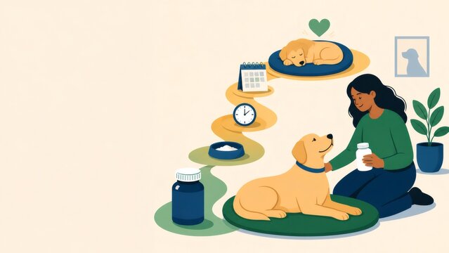 Woman administering medicine to a golden retriever dog, illustrating the process of pet care, treatment, and recovery