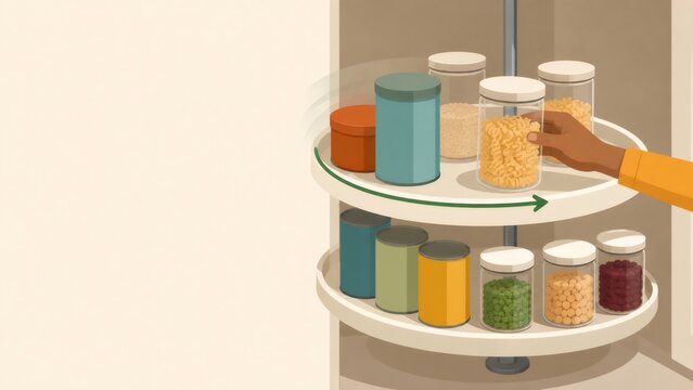 Hand selecting pasta jar from a rotating pantry organizer, applying first in first out principle for efficient food storage