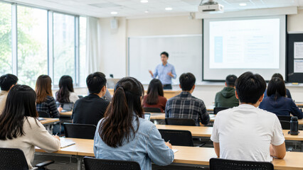 Obraz premium A classroom setting with a teacher presenting information on a projector screen to attentive students seated at desks.