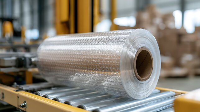 Industrial transparent bubble wrap plastic roll on conveyor belt in modern warehouse factory setting for packaging and shipping distribution