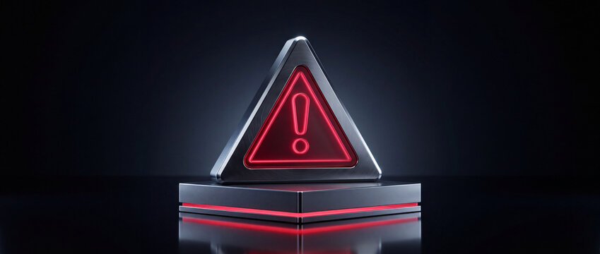 Warning sign triangle with glowing red exclamation mark on a metallic pedestal, rendered in sleek dark 3D style for cybersecurity, system error, danger notice, or risk alert UI