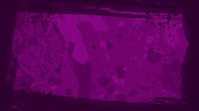 Dark purple and violet grunge paint splashes stop motion video loop with bold messy wall texture and black border frame