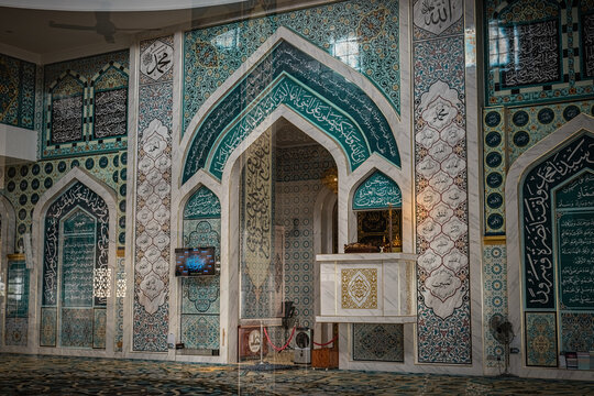 Interior details in Masjid Al-Badr, floating mosque at Pangkor island, Perak, Malaysia
