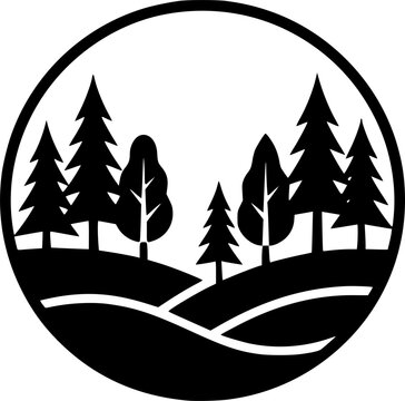 Professional vector illustration of a circular landscaping logo featuring stylized green hills and tall trees
