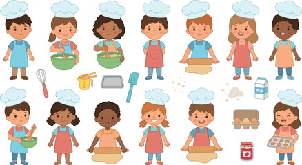 Fototapeta premium Cute Cartoon Kids Baker Character Vector Illustration Mega Collection Set with Diverse Children Wearing Chef Hats Baking Mixing Dough and Holding Cookie Trays