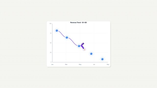 Revenue trend 6m line chart with blue circles and purple wavy line. Suitable for financial presentations, reports, and data analysis projects.