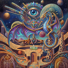 Fototapeta premium Surreal cosmic dragon in a psychedelic geometric landscape with esoteric symbols