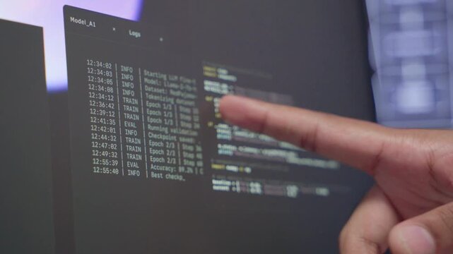 Software engineer check the dashboard information of coding systems and cyber security. Professional development verifying code writing with artificial intelligence. Data center programmer performance