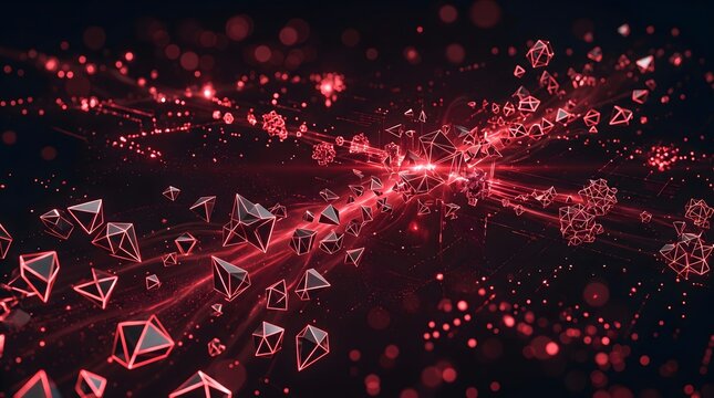 Red floating geometric data shards shattering in abstract digital explosion