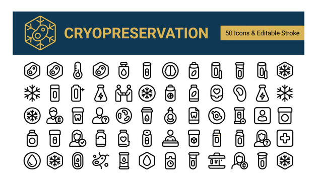 Cryopreservation and medical storage line icons set