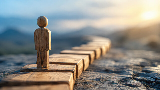 Wooden human figure standing on a path of wooden blocks, symbolizing progress, decision-making, and personal journey with a blurred natural background.