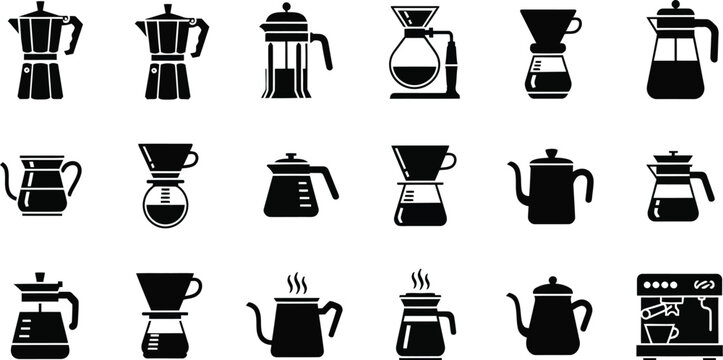 Minimalist coffee brewing equipment icons, set of 18 black vector silhouettes, professional barista tools and cafe brewing methods