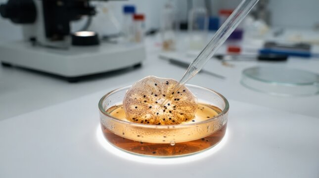 Cultured testicular tissue slice with pipette, microscopic sperm cells, and petri dish on a clean lab bench