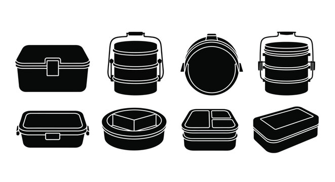 Lunchbox Silhouettes On White Background Stacked And Open Views